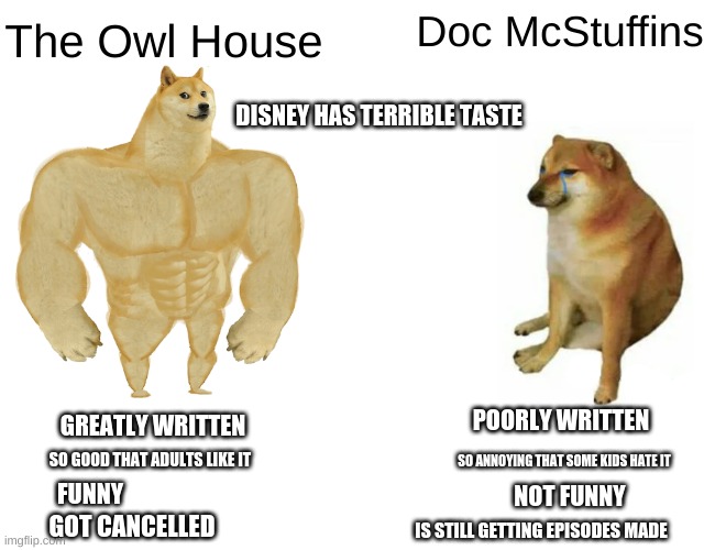 Buff Doge vs. Cheems Meme | Doc McStuffins; The Owl House; DISNEY HAS TERRIBLE TASTE; POORLY WRITTEN; GREATLY WRITTEN; SO ANNOYING THAT SOME KIDS HATE IT; SO GOOD THAT ADULTS LIKE IT; FUNNY; NOT FUNNY; GOT CANCELLED; IS STILL GETTING EPISODES MADE | image tagged in memes,buff doge vs cheems | made w/ Imgflip meme maker