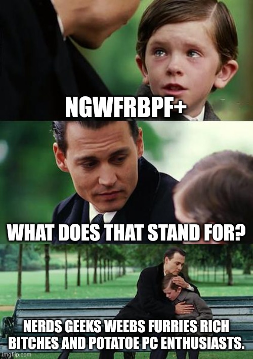 The future of entertainment | NGWFRBPF+; WHAT DOES THAT STAND FOR? NERDS GEEKS WEEBS FURRIES RICH BITCHES AND POTATOE PC ENTHUSIASTS. | image tagged in memes,finding neverland | made w/ Imgflip meme maker