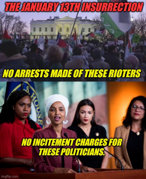 Jan 13 Insurrection | THE JANUARY 13TH INSURRECTION; NO ARRESTS MADE OF THESE RIOTERS; NO INCITEMENT CHARGES FOR
THESE POLITICIANS. | image tagged in palestinian protest,squad,insurrection | made w/ Imgflip meme maker