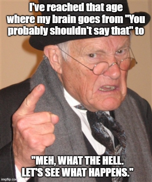 I'll say what I please | I've reached that age where my brain goes from "You probably shouldn't say that" to; "MEH, WHAT THE HELL. LET'S SEE WHAT HAPPENS." | image tagged in angry old man,talking bad | made w/ Imgflip meme maker