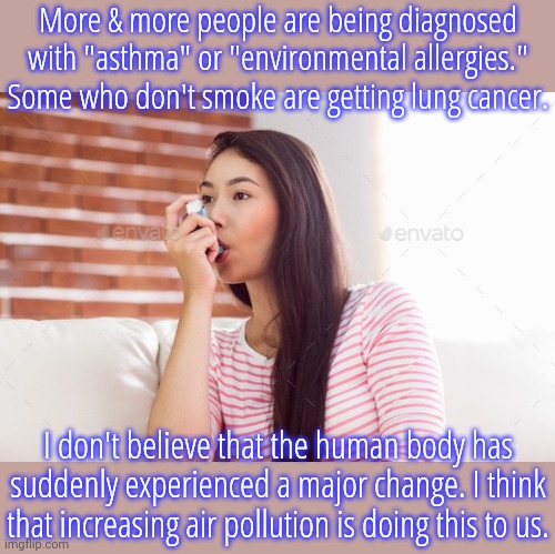 Stagnant air warning. | More & more people are being diagnosed with "asthma" or "environmental allergies." Some who don't smoke are getting lung cancer. I don't believe that the human body has suddenly experienced a major change. I think that increasing air pollution is doing this to us. | image tagged in asian woman asthma,health,poison,i can't breathe | made w/ Imgflip meme maker