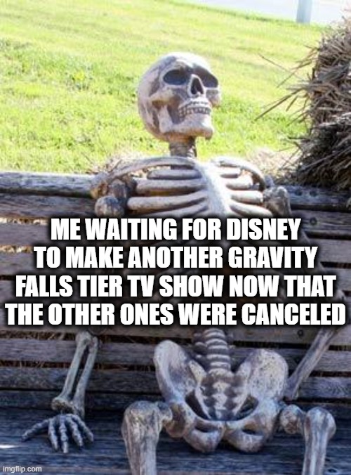 Waiting Skeleton | ME WAITING FOR DISNEY TO MAKE ANOTHER GRAVITY FALLS TIER TV SHOW NOW THAT THE OTHER ONES WERE CANCELED | image tagged in memes,waiting skeleton,gravity falls,the owl house,amphibia,disney | made w/ Imgflip meme maker