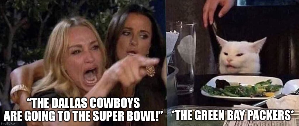 Bye Dallas Cowboys | “THE DALLAS COWBOYS ARE GOING TO THE SUPER BOWL!”; *THE GREEN BAY PACKERS* | image tagged in woman yelling at cat,dallas cowboys,green bay packers,nfl memes,super bowl | made w/ Imgflip meme maker