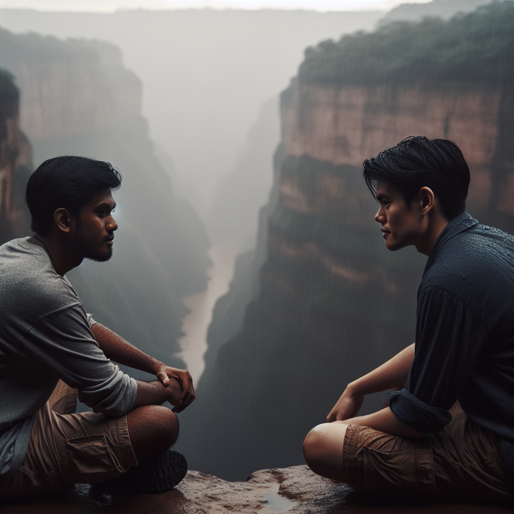 High Quality two guys sitting together on a ledge, dark, rainy, staring off i Blank Meme Template