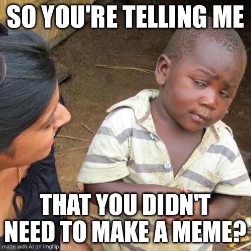 The AI is self aware. | SO YOU'RE TELLING ME; THAT YOU DIDN'T NEED TO MAKE A MEME? | image tagged in memes,third world skeptical kid | made w/ Imgflip meme maker