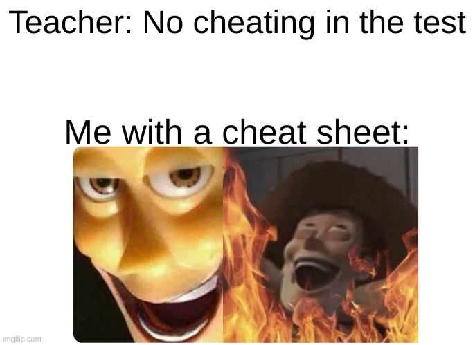 Hahahahahahh | Teacher: No cheating in the test; Me with a cheat sheet: | image tagged in satanic woody | made w/ Imgflip meme maker