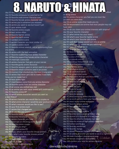 100 day anime challenge | 8. NARUTO & HINATA | image tagged in 100 day anime challenge | made w/ Imgflip meme maker