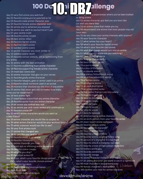 100 day anime challenge | 10. DBZ | image tagged in 100 day anime challenge | made w/ Imgflip meme maker