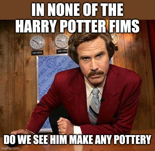 Potter? Hardly | IN NONE OF THE HARRY POTTER FIMS; DO WE SEE HIM MAKE ANY POTTERY | image tagged in ron burgundy | made w/ Imgflip meme maker