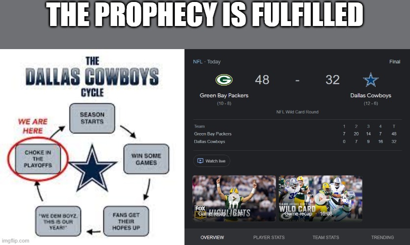 Dallas Cowboys Prophecy | THE PROPHECY IS FULFILLED | image tagged in nfl football,dallas cowboys,nfl playoffs | made w/ Imgflip meme maker