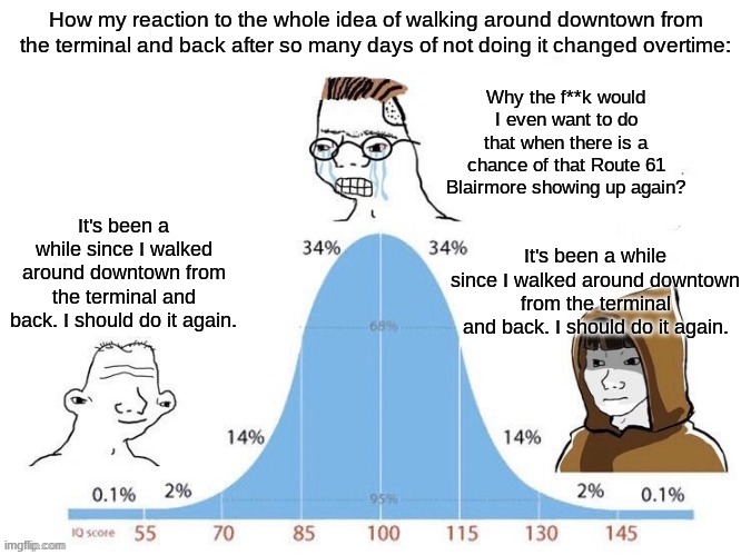 Forgive me y'all but just don't ask why... | How my reaction to the whole idea of walking around downtown from the terminal and back after so many days of not doing it changed overtime:; Why the f**k would I even want to do that when there is a chance of that Route 61 Blairmore showing up again? It's been a while since I walked around downtown from the terminal and back. I should do it again. It's been a while since I walked around downtown from the terminal and back. I should do it again. | image tagged in bell curve | made w/ Imgflip meme maker