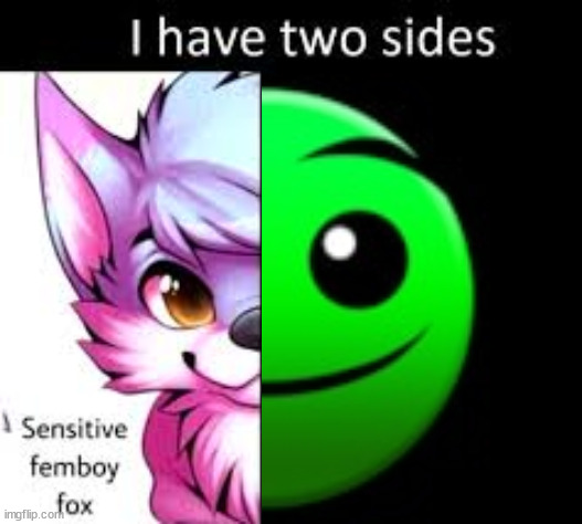 whar (left image: unknown. right image: robert topala) | image tagged in i have two sides,geometry dash | made w/ Imgflip meme maker