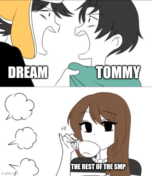 Dream SMP Meme | TOMMY; DREAM; THE REST OF THE SMP | image tagged in girl sipping tea | made w/ Imgflip meme maker