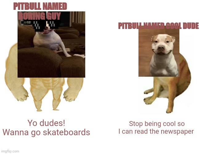 Of course I do | PITBULL NAMED
BORING GUY; PITBULL NAMED COOL DUDE; Yo dudes! Wanna go skateboards; Stop being cool so I can read the newspaper | image tagged in memes,buff doge vs cheems | made w/ Imgflip meme maker