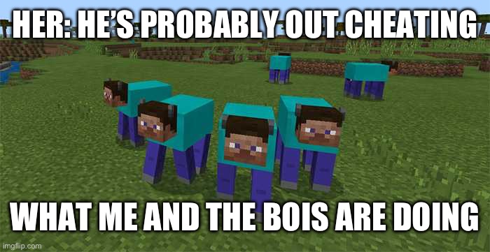 me and the boys | HER: HE’S PROBABLY OUT CHEATING; WHAT ME AND THE BOIS ARE DOING | image tagged in me and the boys | made w/ Imgflip meme maker