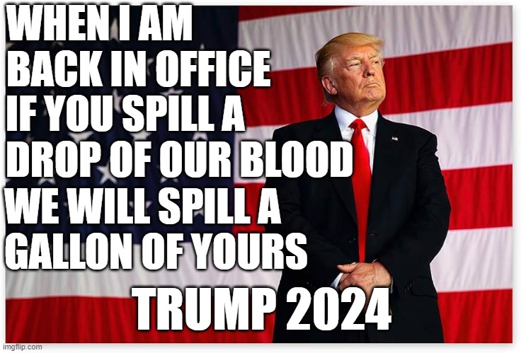 A head for an eye | WHEN I AM
BACK IN OFFICE; IF YOU SPILL A
DROP OF OUR BLOOD; WE WILL SPILL A
GALLON OF YOURS; TRUMP 2024 | image tagged in donald trump,donald j trump,trump,maga,make america great again,2024 | made w/ Imgflip meme maker
