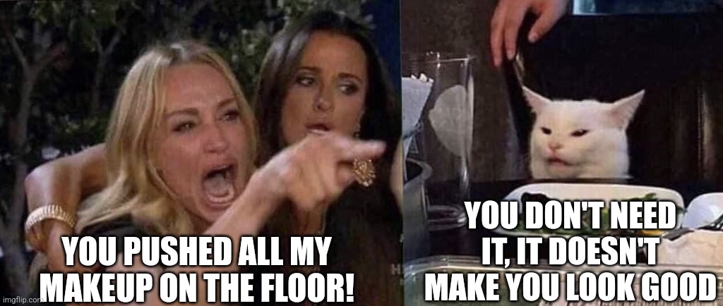Cats opinion of woman in makeup | YOU DON'T NEED IT, IT DOESN'T MAKE YOU LOOK GOOD; YOU PUSHED ALL MY MAKEUP ON THE FLOOR! | image tagged in woman yelling at cat | made w/ Imgflip meme maker