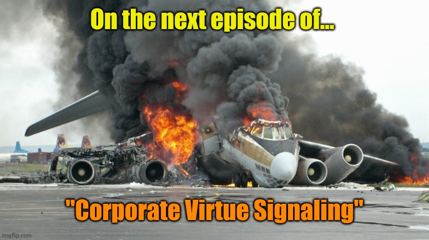plane crash :( | On the next episode of... "Corporate Virtue Signaling" | image tagged in plane crash | made w/ Imgflip meme maker