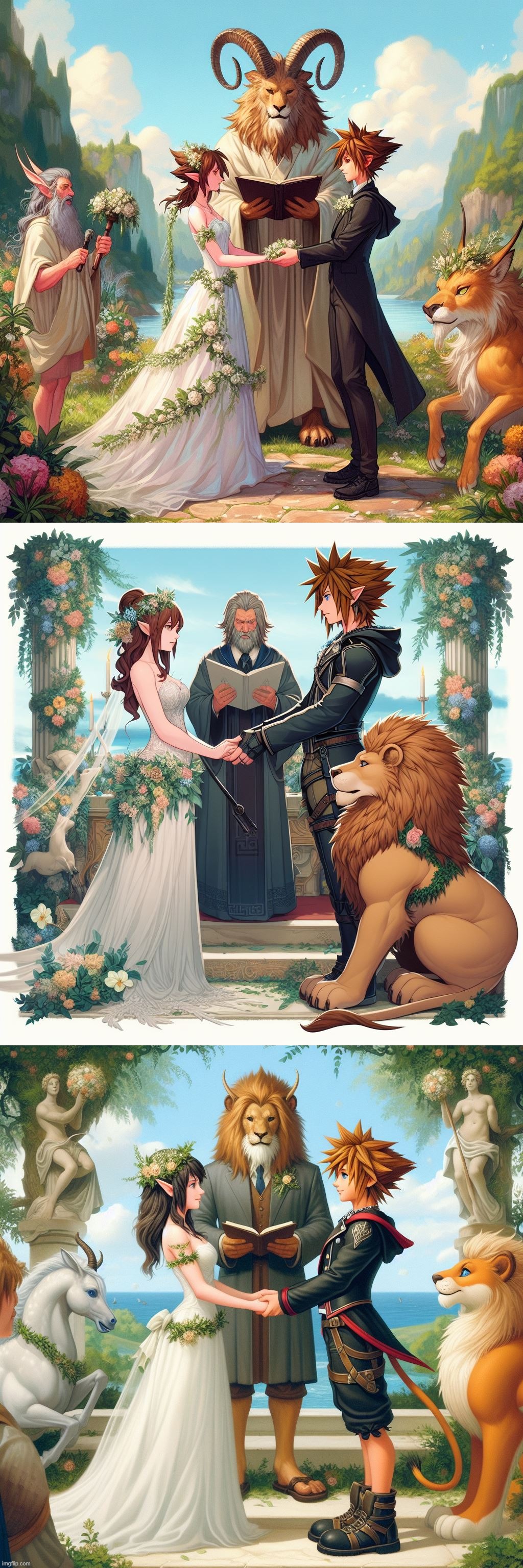 Sora and Kairi having a Narnian Wedding, overseen by Aslan. AI | image tagged in ai generated,kingdom hearts,wedding,narnia,video games,square | made w/ Imgflip meme maker