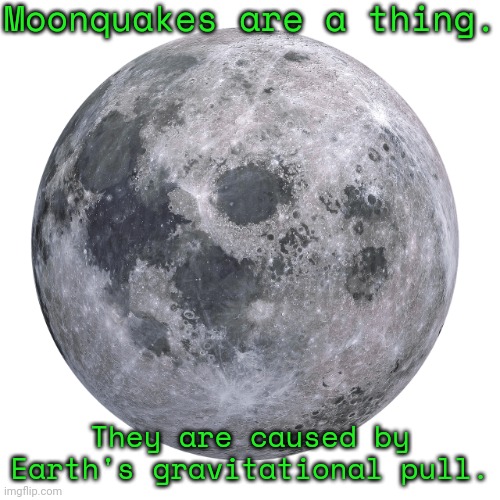 I wonder how strong they get? | Moonquakes are a thing. They are caused by
Earth's gravitational pull. | image tagged in moon,fun fact,space,astronomy | made w/ Imgflip meme maker