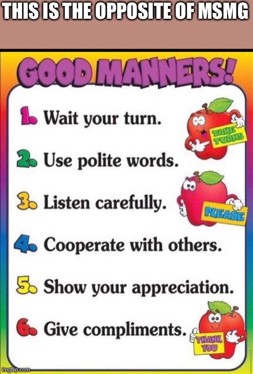 Good manners | THIS IS THE OPPOSITE OF MSMG | image tagged in good manners | made w/ Imgflip meme maker