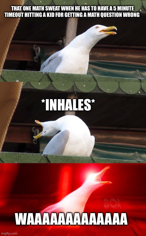 Sweat | THAT ONE MATH SWEAT WHEN HE HAS TO HAVE A 5 MINUTE TIMEOUT HITTING A KID FOR GETTING A MATH QUESTION WRONG; *INHALES*; WAAAAAAAAAAAAA | image tagged in inhaling seagull,lol so funny,screaming bird | made w/ Imgflip meme maker
