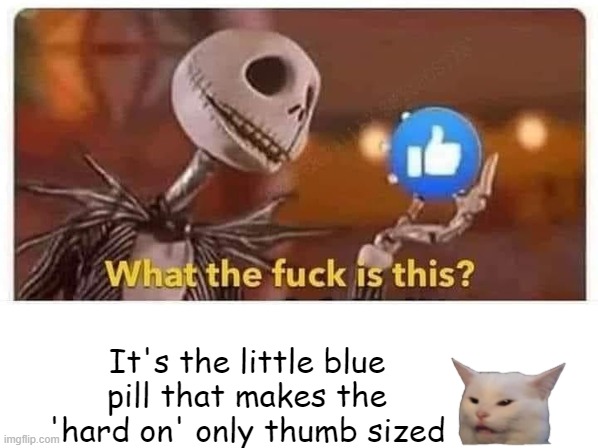 Smudge on the LIKE pill | It's the little blue pill that makes the 'hard on' only thumb sized | image tagged in like button,upvotes | made w/ Imgflip meme maker