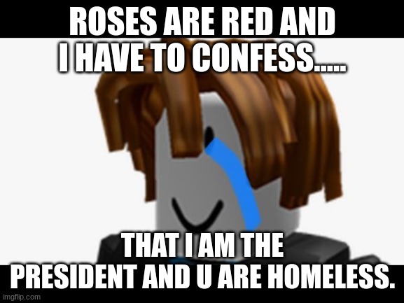 ? | ROSES ARE RED AND I HAVE TO CONFESS..... THAT I AM THE PRESIDENT AND U ARE HOMELESS. | image tagged in sry,if,i,told,u,the truth | made w/ Imgflip meme maker