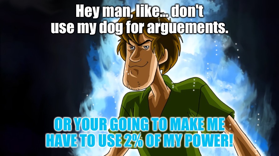 Ultra instinct shaggy | Hey man, like... don't use my dog for arguements. OR YOUR GOING TO MAKE ME HAVE TO USE 2% OF MY POWER! | image tagged in ultra instinct shaggy | made w/ Imgflip meme maker