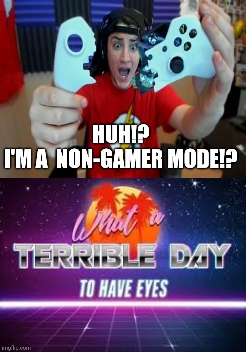 what a terrible day to have eyes | HUH!?
I'M A  NON-GAMER MODE!? | image tagged in what a terrible day to have eyes | made w/ Imgflip meme maker