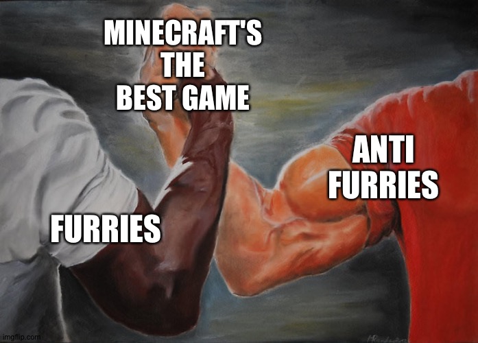 We can agree on one thing | MINECRAFT'S THE BEST GAME; ANTI FURRIES; FURRIES | image tagged in holding hands,anti furry,furry,furries,memes,funny | made w/ Imgflip meme maker