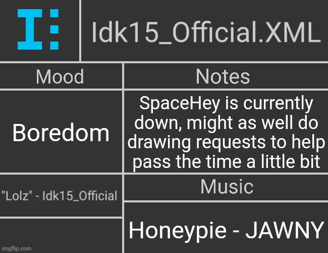 Until the error goes away and I can access the website again | Boredom; SpaceHey is currently down, might as well do drawing requests to help pass the time a little bit; Honeypie - JAWNY | image tagged in idk15_official xml's 2nd revived template | made w/ Imgflip meme maker