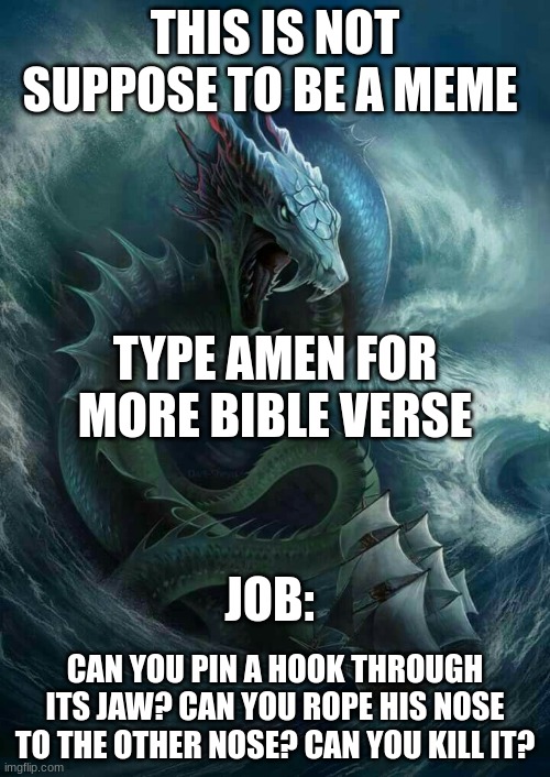 bible facts of the: day 1 | THIS IS NOT SUPPOSE TO BE A MEME; TYPE AMEN FOR MORE BIBLE VERSE; JOB:; CAN YOU PIN A HOOK THROUGH ITS JAW? CAN YOU ROPE HIS NOSE TO THE OTHER NOSE? CAN YOU KILL IT? | image tagged in the great leviathan | made w/ Imgflip meme maker