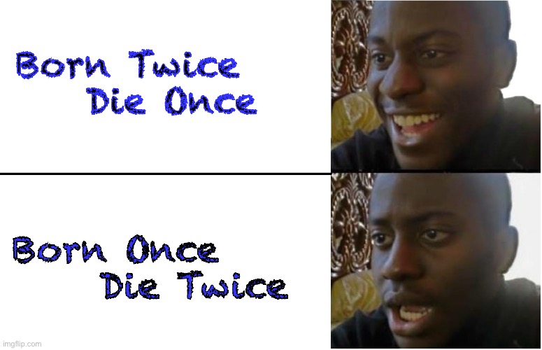 Ask a Christian | Born Twice
    Die Once; Born Once
     Die Twice | image tagged in disappointed black guy,its about life here,and the after | made w/ Imgflip meme maker