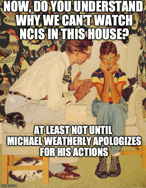 The Problem Is Meme | NOW, DO YOU UNDERSTAND WHY WE CAN'T WATCH NCIS IN THIS HOUSE? AT LEAST NOT UNTIL MICHAEL WEATHERLY APOLOGIZES FOR HIS ACTIONS | image tagged in memes,the probelm is | made w/ Imgflip meme maker