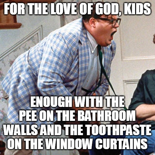 Chris Farley For the love of god | FOR THE LOVE OF GOD, KIDS; ENOUGH WITH THE PEE ON THE BATHROOM WALLS AND THE TOOTHPASTE ON THE WINDOW CURTAINS | image tagged in chris farley for the love of god,meme,memes | made w/ Imgflip meme maker