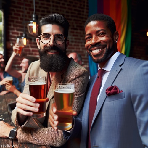 This is what ai thinks Serj tankian drinking beer with Obama at a gay bar looks like | made w/ Imgflip meme maker