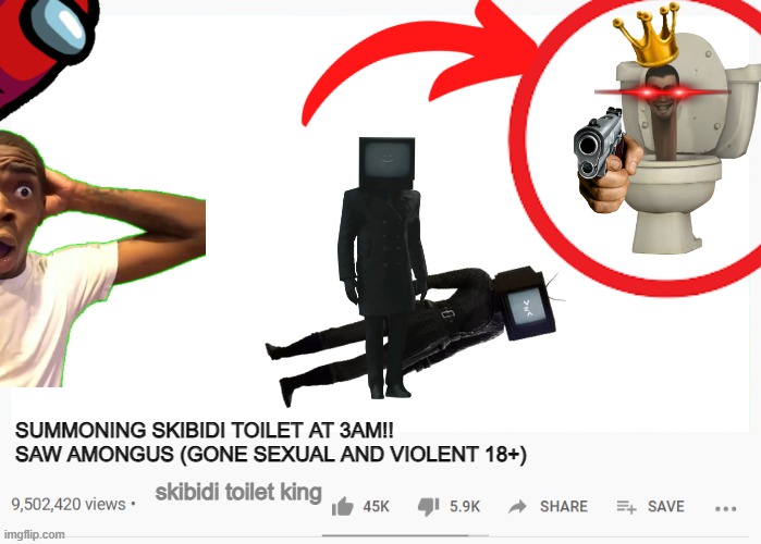 youtube kids belike: | SUMMONING SKIBIDI TOILET AT 3AM!! SAW AMONGUS (GONE SEXUAL AND VIOLENT 18+); skibidi toilet king | image tagged in youtube video template | made w/ Imgflip meme maker