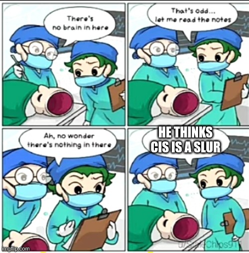 There's no brain here | HE THINKS CIS IS A SLUR | image tagged in there's no brain here | made w/ Imgflip meme maker