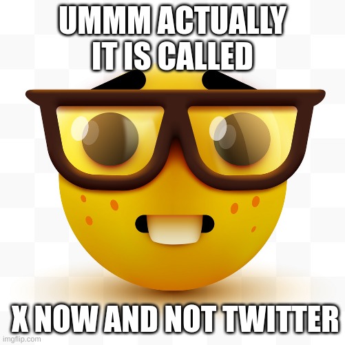 Nerd emoji | UMMM ACTUALLY IT IS CALLED X NOW AND NOT TWITTER | image tagged in nerd emoji | made w/ Imgflip meme maker