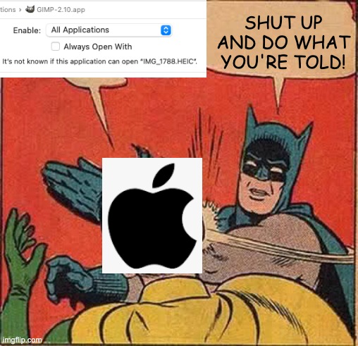 Opening an HEIC image with Gimp on a Mac | SHUT UP AND DO WHAT YOU'RE TOLD! | image tagged in memes,batman slapping robin,heic,gimp,mac,apple | made w/ Imgflip meme maker