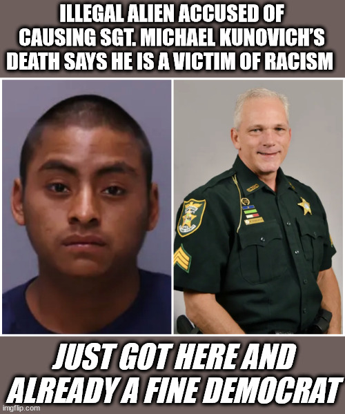 ILLEGAL ALIEN ACCUSED OF CAUSING SGT. MICHAEL KUNOVICH’S DEATH SAYS HE IS A VICTIM OF RACISM; JUST GOT HERE AND ALREADY A FINE DEMOCRAT | image tagged in democrat,illegal immigration | made w/ Imgflip meme maker