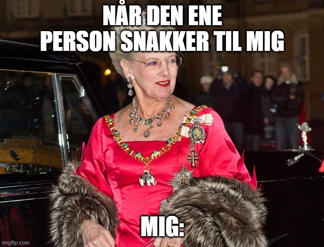 Dronning Margrethe 2. | NÅR DEN ENE PERSON SNAKKER TIL MIG; MIG: | image tagged in queen | made w/ Imgflip meme maker