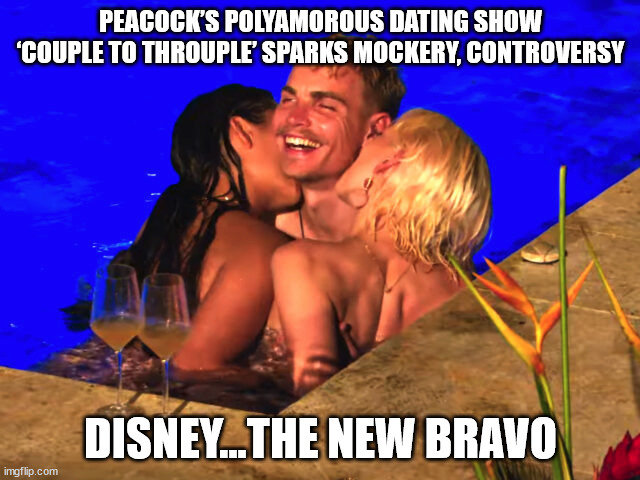 PEACOCK’S POLYAMOROUS DATING SHOW ‘COUPLE TO THROUPLE’ SPARKS MOCKERY, CONTROVERSY; DISNEY...THE NEW BRAVO | image tagged in disney,democrats,leftists | made w/ Imgflip meme maker