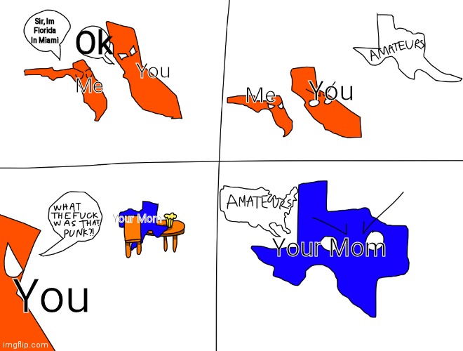 Amateurs (California, Florida, & Texas) | Sir, Im Florida In Miami; Ok; You; Me; You; Me; Your Mom; Your Mom; You | image tagged in amateurs california florida texas | made w/ Imgflip meme maker