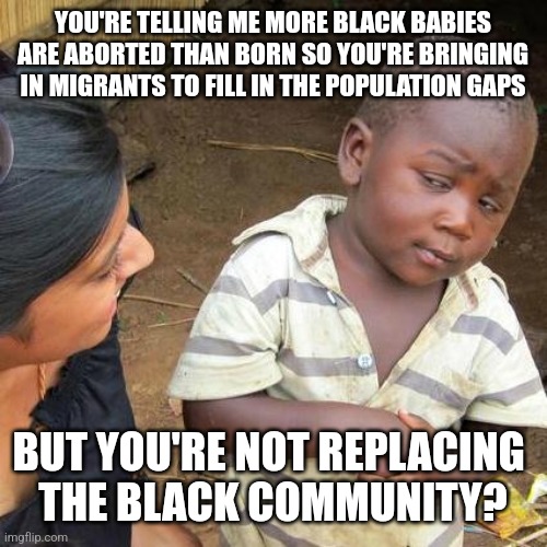 Third World Skeptical Kid | YOU'RE TELLING ME MORE BLACK BABIES ARE ABORTED THAN BORN SO YOU'RE BRINGING IN MIGRANTS TO FILL IN THE POPULATION GAPS; BUT YOU'RE NOT REPLACING 
THE BLACK COMMUNITY? | image tagged in memes,third world skeptical kid | made w/ Imgflip meme maker