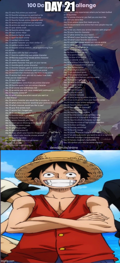 Day 21: Monkey D. Luffy (One Piece) | DAY 21 | image tagged in 100 day anime challenge | made w/ Imgflip meme maker
