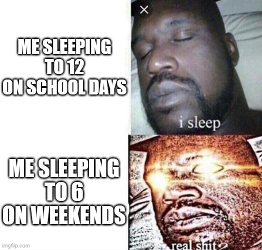i sleep real shit | ME SLEEPING TO 12 ON SCHOOL DAYS; ME SLEEPING TO 6 ON WEEKENDS | image tagged in i sleep real shit | made w/ Imgflip meme maker