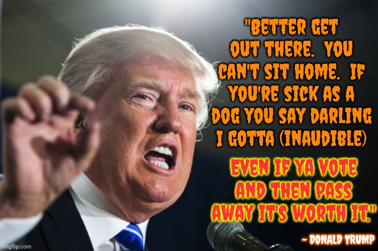 Unconscionable | "Better get out there.  You can't sit home.  If you're sick as a dog you say darling I gotta (inaudible); Even if ya vote and then pass away it's worth it."; ~ DONALD TRUMP | image tagged in donald trump,lock him up,trump is a disgusting man,pitiful trump,scumbag trump,memes | made w/ Imgflip meme maker
