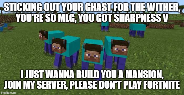 minecraft gyatt rizz | STICKING OUT YOUR GHAST FOR THE WITHER,
YOU'RE SO MLG, YOU GOT SHARPNESS V; I JUST WANNA BUILD YOU A MANSION,
JOIN MY SERVER, PLEASE DON'T PLAY FORTNITE | image tagged in minecraft,sticking out your gyatt for the rizzler,gen alpha,gyatt,rizz,memes | made w/ Imgflip meme maker